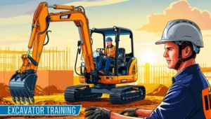 A trainee practically building a career as a certified excavator operator with guidance from an instructor 